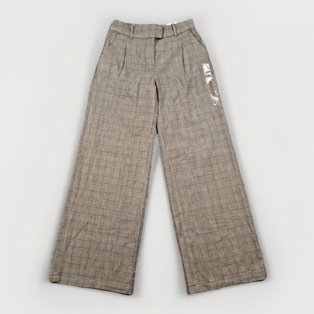 American Eagle Wide Leg Trouser Womens 00 Brown Plaid High-Rise Stretch New